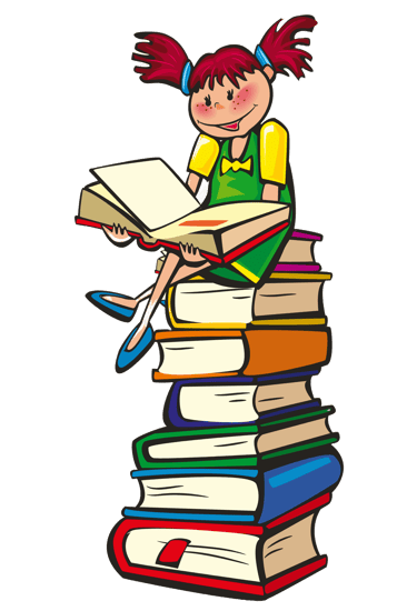 a girl sitting on a stack of books