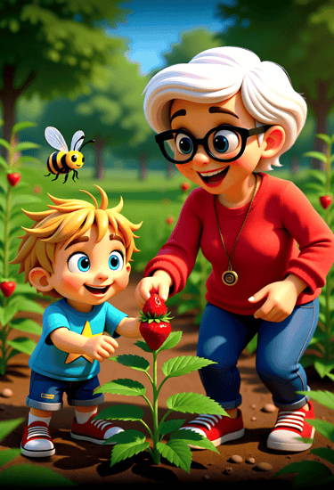 Alvey and Nanny Picking Strawberries