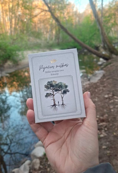 Patyriminės kortelės "Pojūčių miškas", laikomos rankoje, miško ir upelio apsupty.