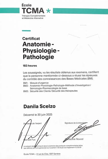 Certificat en Anatomie, Physiologie et Pathologie de l'École TCMA Genève – Danila Scelzo, hypnothérapeute agréée ASCA.