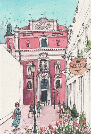 Urban Sketch Illustration dokumentarische Skizze poznan basilika in Aqurell und Tusche