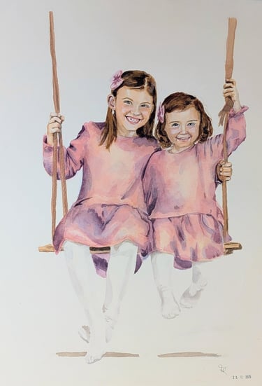 Zusjes in aquarel geschilderd in roze kleedjes op een schommel