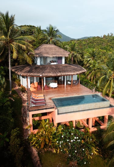 a house with a thatched roof and infinity pool