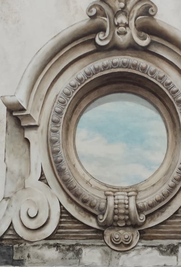 Oeil de boeuf en trompe-l'oeil peint, avec le reflet d'un ciel