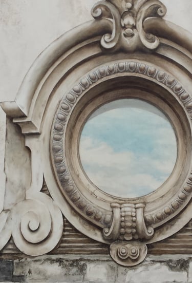 Oeil de boeuf en trompe-l'oeil peint, avec le reflet d'un ciel