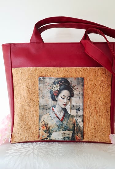 a woman's handbag with a picture of a woman in a kimono