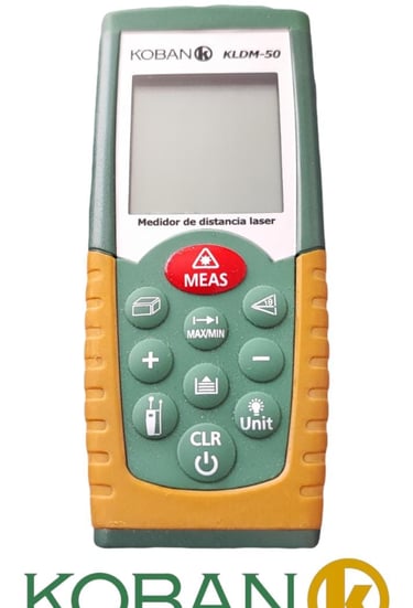 Koban KLDM-50 digital laser distance meter with orange grip and LCD screen.