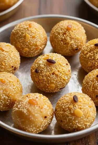 A rustic basket filled with crispy Telugu snacks like murukulu and kodubale.