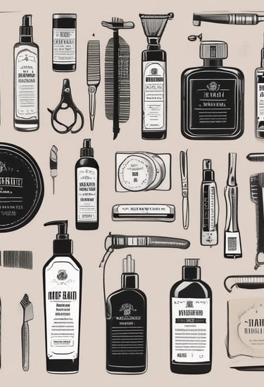 A selection of beauty products is arranged on a marble surface. On the left, two tubes of lotion are displayed, both featuring elegant cursive branding. In the center, an intricately designed perfume bottle with a stylish dress motif is prominently featured. To the right, makeup brushes with shiny metallic handles stand upright in a sleek holder. A black mascara tube lies in the foreground. The composition is accentuated by soft natural light and subtle shadows.