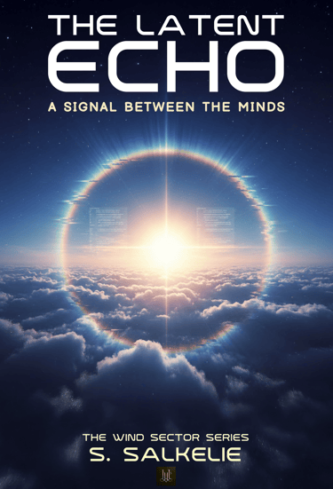 Sci-fi book cover for The Latent Echo by S. Salkelie featuring a glowing sundog over clouds.