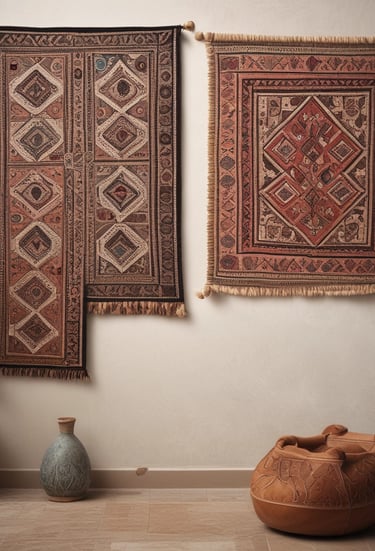 Colorful woven rugs with intricate geometric patterns hang vertically on a wooden rail against a rustic stone and plaster wall. A window with green shutters is partially visible above, and cobbled stones lie at the base.