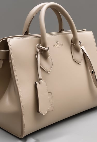 A collection of stylish accessories including a large handbag with a branded pattern, a pair of high-heeled shoes in a dark brown color, a floral scarf with vibrant colors, and a matching light pink clutch wallet. The background features a gradient of warm tones creating a fashionable and elegant display.