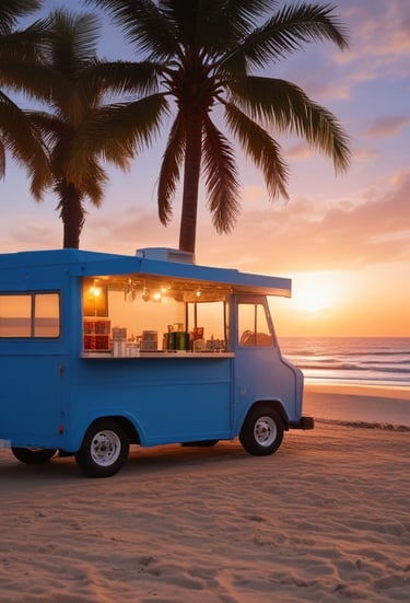 A food truck is parked on the side of a street, with several people gathered around it, placing orders. The truck features brightly colored signage showcasing various food items. Two trees are prominently situated on the pavement nearby, with a modern building in the background partially under construction.