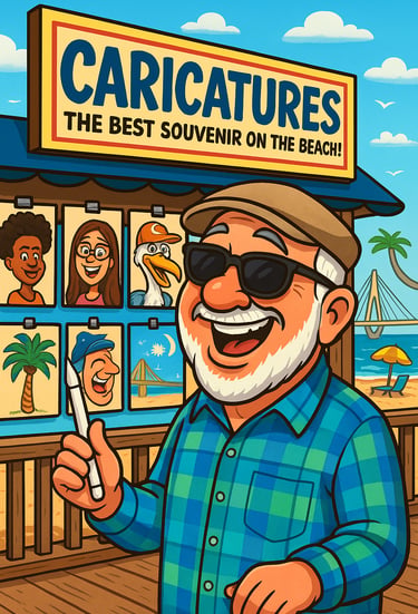 Cartoon picture of a caricature artist at a beach in the Carolinas.
