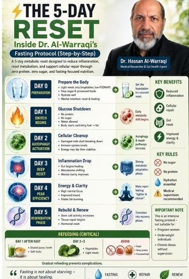 ⚡ The 5-Day Reset  Inside Dr. Al-Warraqi’s Fasting Protocol (Step-by-Step) 