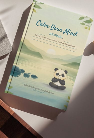 Calm Your Mind Journal for stress and anxiety featuring a cute panda meditating by a peaceful lake.