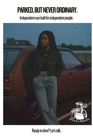 A young Black woman leans against a red hatchback in a rooftop car park at dusk. She wears a denim jacket and wide-leg jeans,