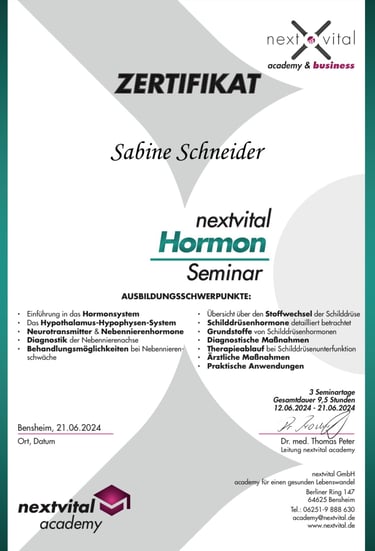 Zertifikat „Hormon-Seminar – Female Balance“ der NextVital Academy – Fachwissen über hormonelle Regu