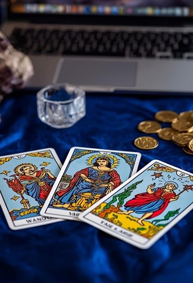 a laptop computer and a laptop with a tarot of tarot cards