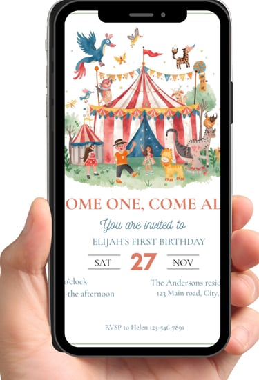 A hand holding smartphone that shows invitation ready for printing.