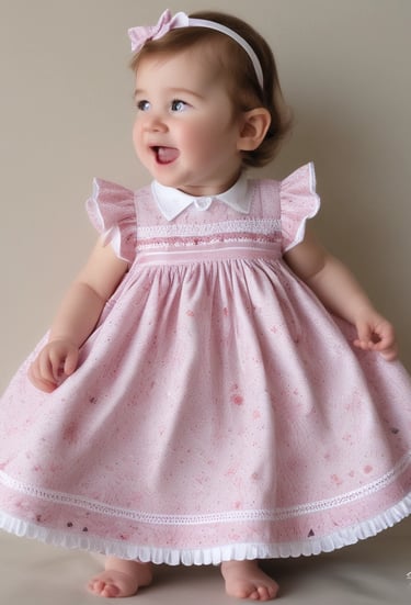 A smiling toddler wearing a classic smocked dress, playing in a sunlit garden.