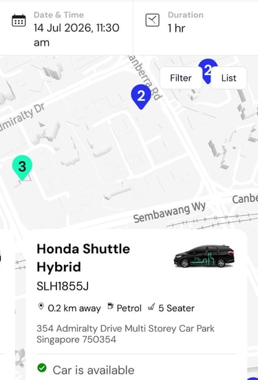 Setting up the GetGo car sharing app profile on a smartphone inside a vehicle in Singapore