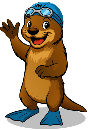 De vrolijke otter mascotte van NextWave zwemschool in Liedekerke met zwembril en badmuts.