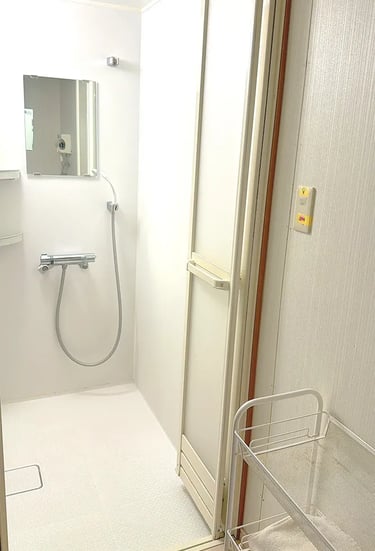 Modern and private shared shower room facilities at Ryokan Nakadaya Asakusa.