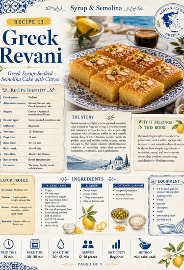 Recipe infographic for Greek Revani, a citrus-infused semolina cake soaked in syrup with sliced pieces on a plate.