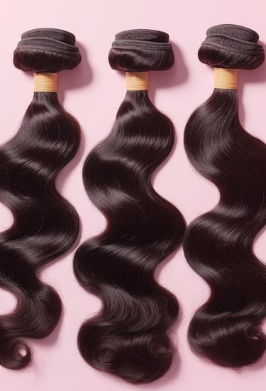 Three wavy, dark brown extension bundles with pink background.