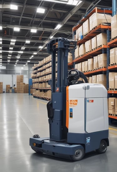 A forklift operator is moving a large stack of yellow bags in a parking lot, with additional stacks of bags in the background. The forklift is orange and black, with a person in a red shirt driving it. Nearby, there are signs and parked cars, and the scene takes place outside a commercial building with a green metal roof.