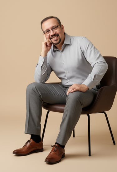 a man sitting on a chair with his hands on his chin