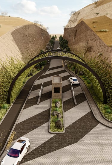 a car driving down a road with a car parked in front of it