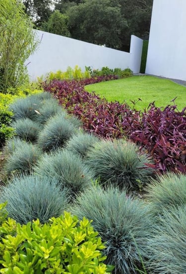 a garden with a white fence and a white fence