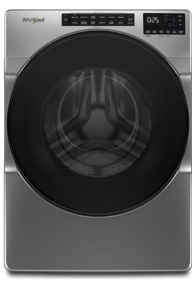 Front view of a modern whirlpool washing machine with a digital display and a large front-loading door.