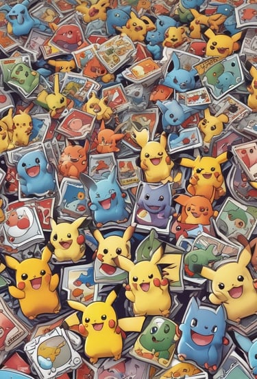 A Poke Ball centerpiece surrounded by a circular fan of holographic Pokemon trading cards on a wooden table.