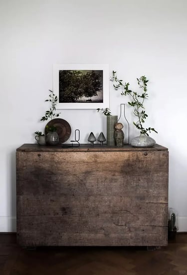 Collage of teak wood information, timber boards, wooden storage furniture and rustic wood textures f