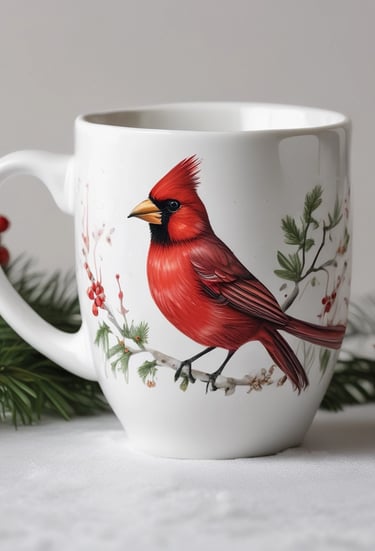 A collection of red cardinal-themed ornaments and festive wrapping.