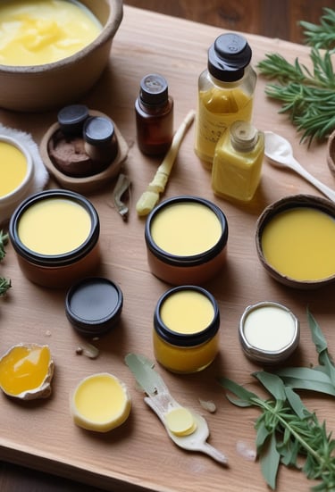A close-up of cannabis-infused oils and creams on a wooden surface.