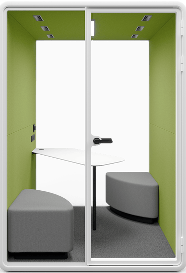 Type T-02: Two-person pod with cushioned benches and corner table, green walls and spotlights