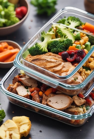 An assortment of meal prep containers with a variety of foods including grilled chicken with a lemon slice, zucchini noodles, and a dish with sauce over greens. Surrounding these are ingredients like fresh Swiss chard, a red onion, eggs in a carton, garlic cloves, and a small bowl of olive oil with a sprig of rosemary.