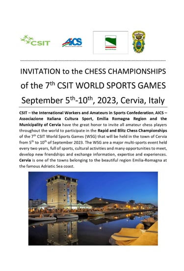 7th CSIT World Sports Games Chess Championship 2023, Congressi Milano Marittima, Cervia Italy