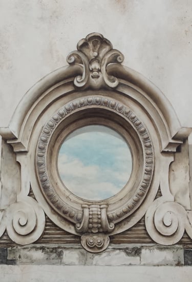Oeil de boeuf en trompe-l'oeil peint, avec le reflet d'un ciel
