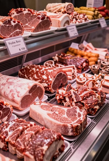 Assorted charcuterie platter with cured meats, cheeses, and fresh bread on a rustic table