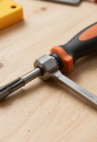 A sturdy cordless drill with drill bits displayed on a clean white surface
