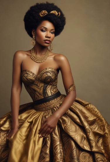 Elegant woman dressed in a flowing dress blending traditional kente patterns with modern cuts, standing against a black backdrop.