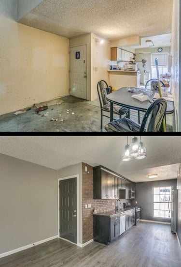 Flooring installation before and after featuring new luxury vinyl plank flooring.