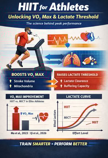 A scientific infographic comparing HIIT and moderate-intensity training, highlighting gains in VO₂ m