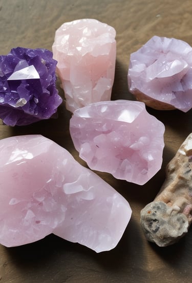 Colorful crochet pieces displayed on natural wooden surfaces with floral accents.