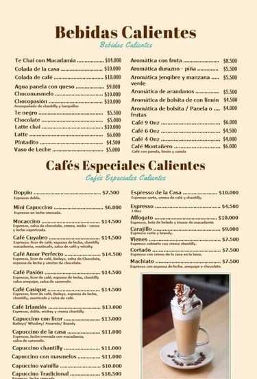 Bebidas Calientes Menu Café y Macadamia Armenia Quindío
